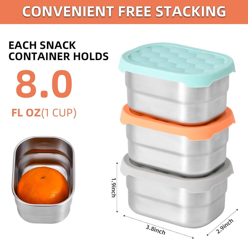 UPTRUST Stainless Steel Snack Containers for Kids, Easy Open Leak Proof, Small Food Containers with Silicone Lids, Perfect Metal Lunch Box for Daycare and School (3pcs 8oz) - Image 3